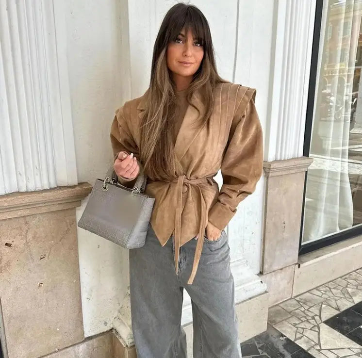 Waist Trimming Lace Up Suede Fabric Jacket