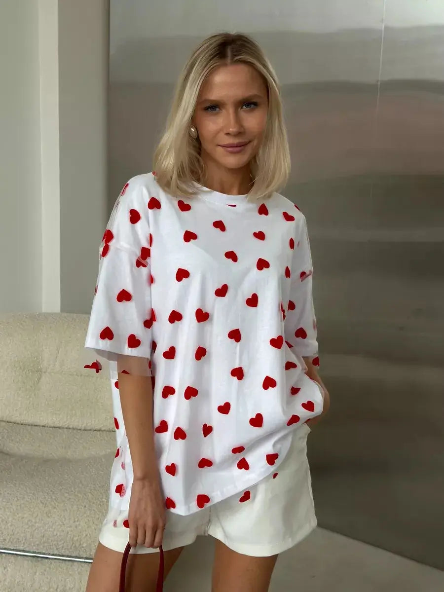 European And American Style Women’s Love Mesh Stitching Loose Basic Style Round Neck Short Sleeve T-shirt