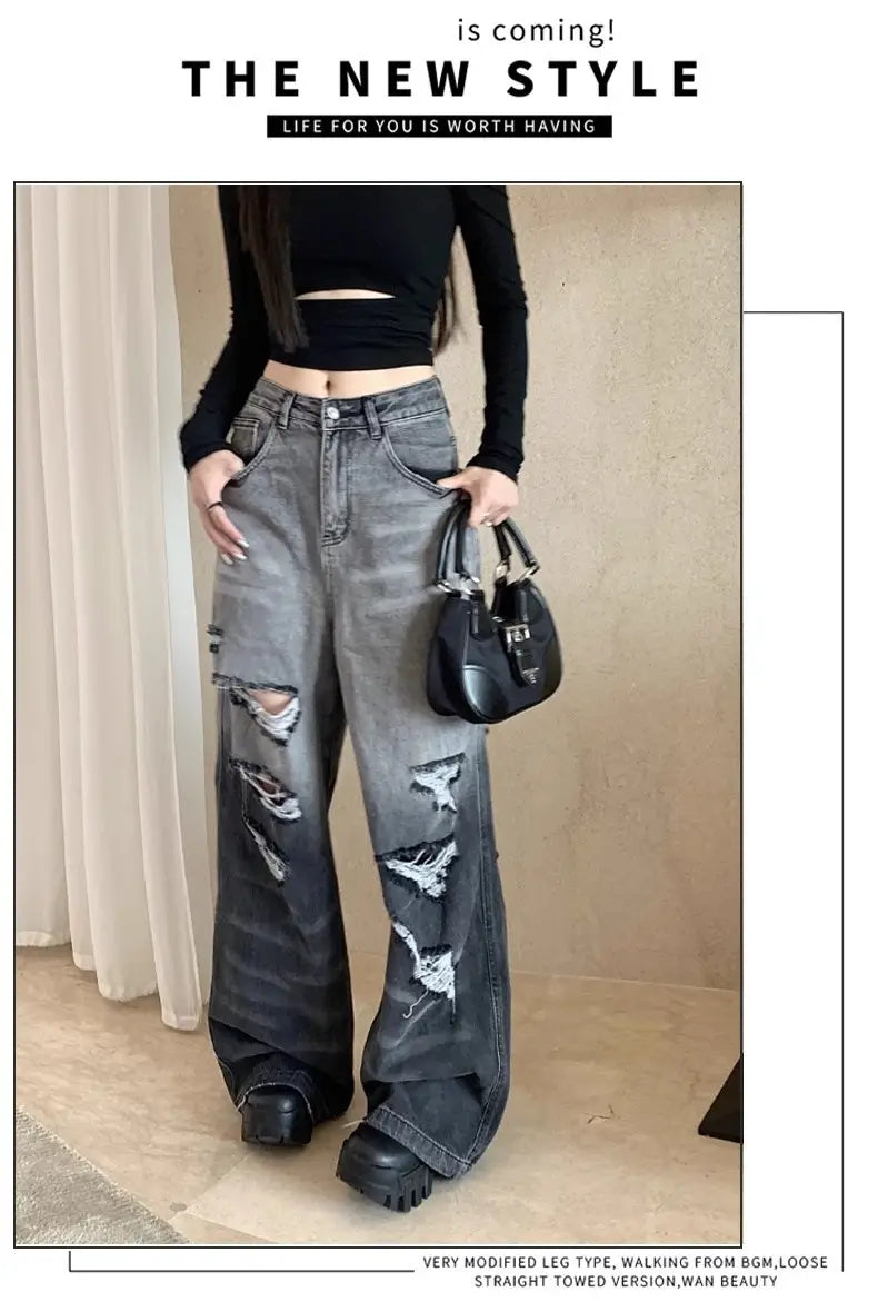 Gradient Color Big Ripped Hot Girl Wide Leg Jeans For Women