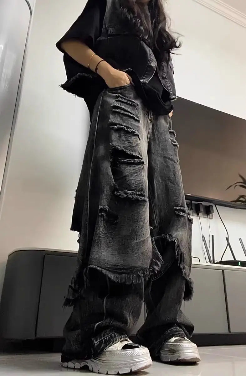 High Street Distressed Cargo Jeans Wide Leg Trousers