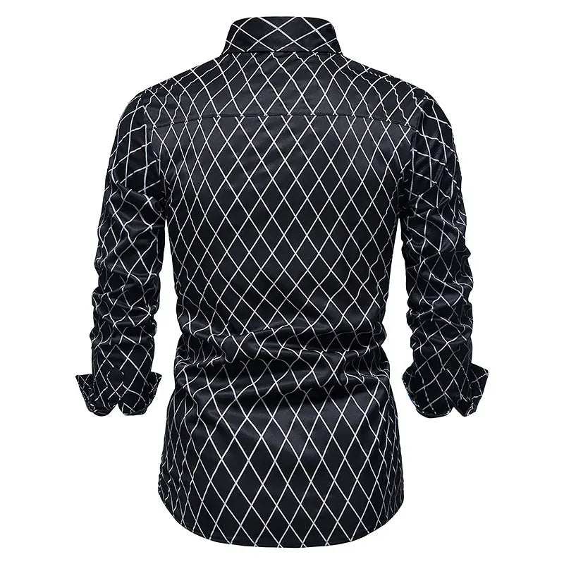 New Fashion Contrast Color Men’s Long-sleeved Diamond Check Button Shirt