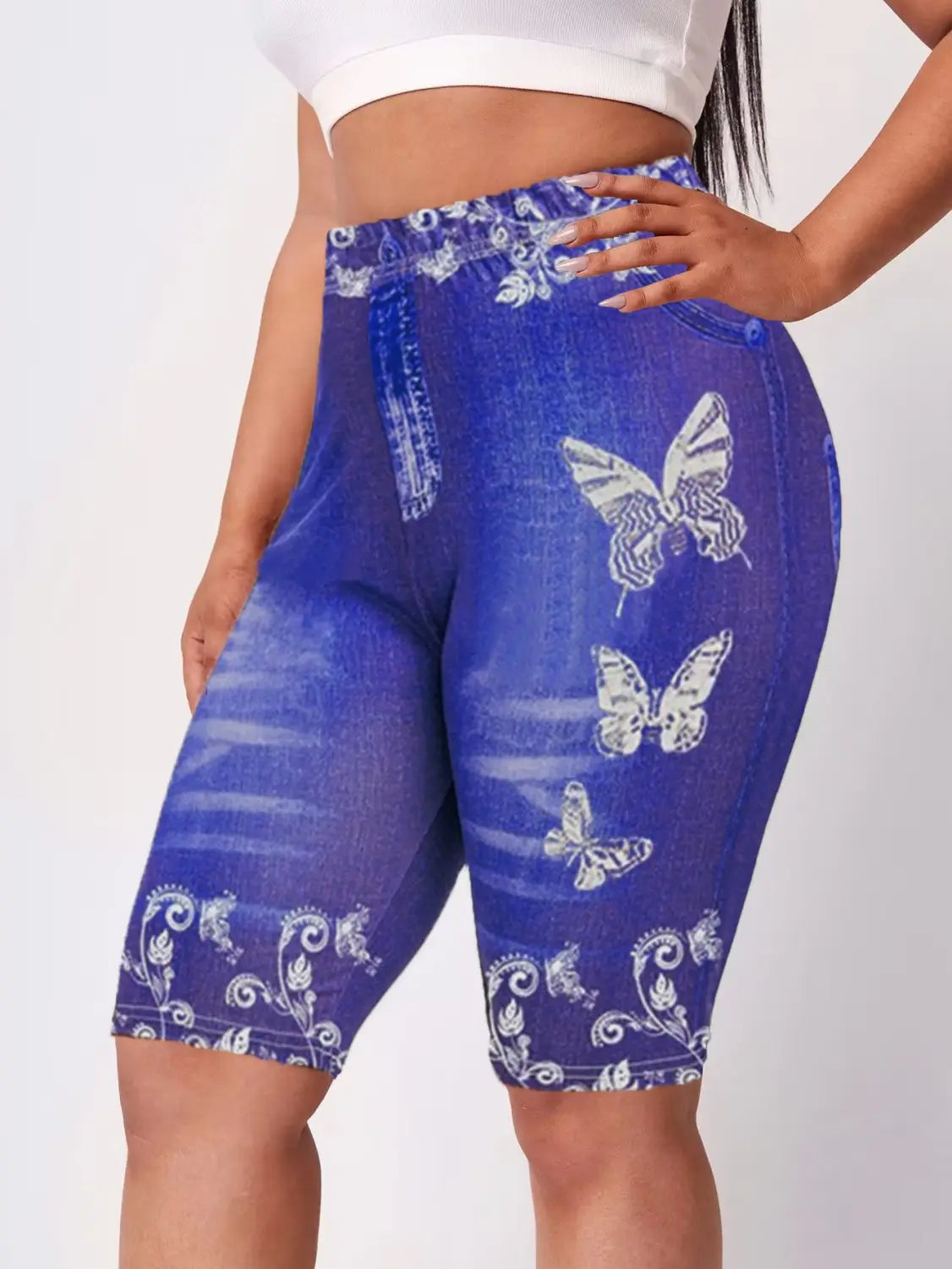 Printed Denim Butterfly Sports Leggings