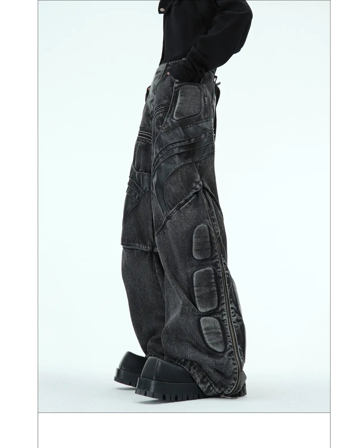 Heavy Washed Black Armor Jeans Deconstructed PU Leather Stitching Trousers