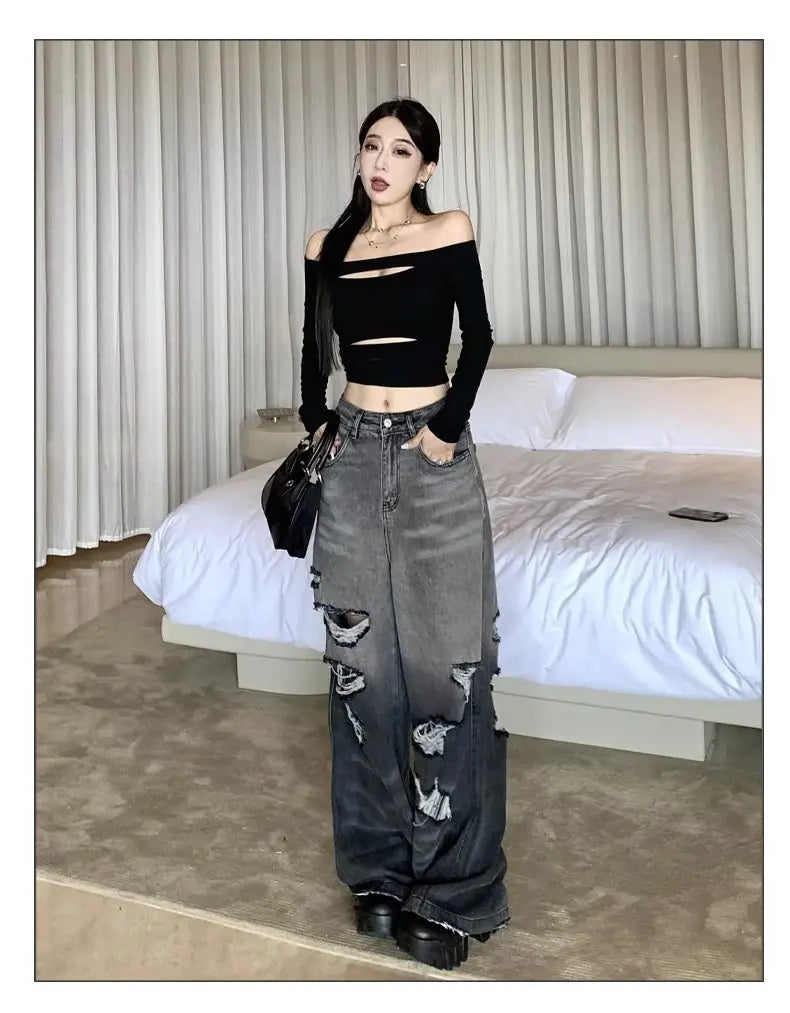 Gradient Color Big Ripped Hot Girl Wide Leg Jeans For Women