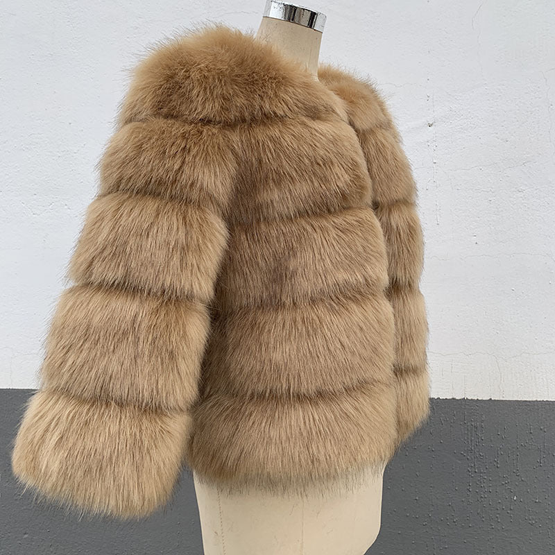 Slim Short Faux Fox Fur Coat - Light camel / S