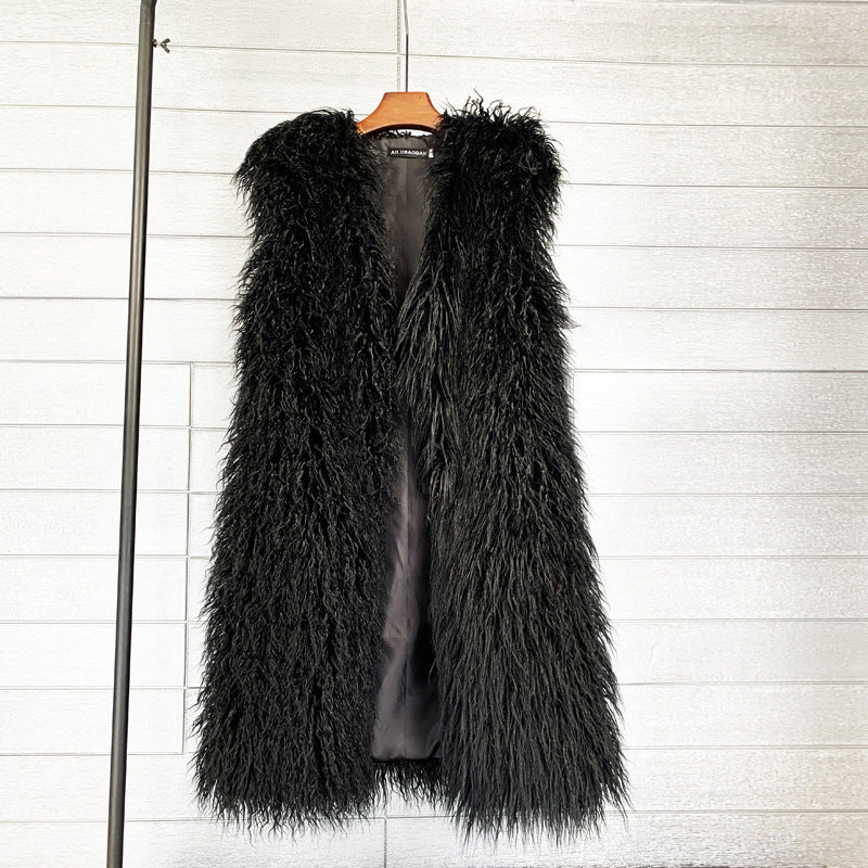 Long Beach Wool Fur Vest Warm Vest Women’s Vest Coat - Black / M