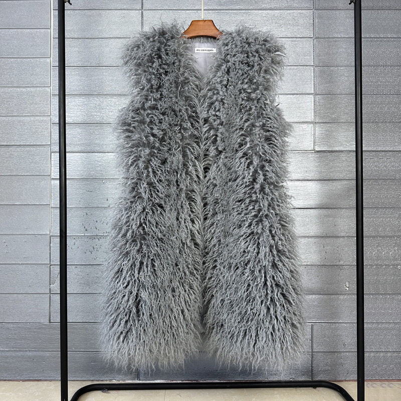 Long Beach Wool Fur Vest Warm Vest Women’s Vest Coat - Grey / 2XL