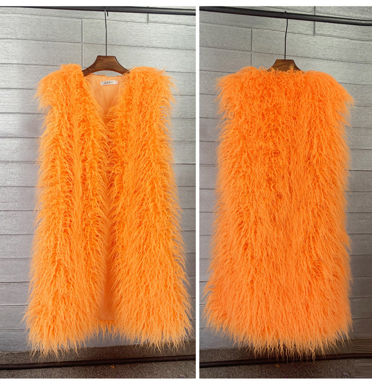 Long Beach Wool Fur Vest Warm Vest Women’s Vest Coat - Orange / M