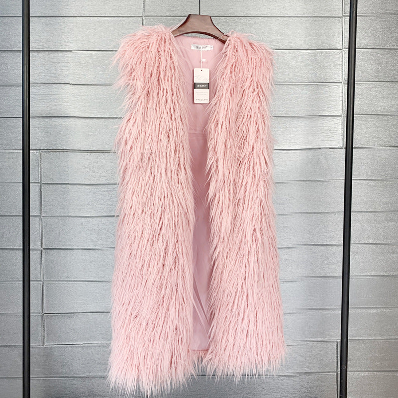 Long Beach Wool Fur Vest Warm Vest Women’s Vest Coat - Pink / M