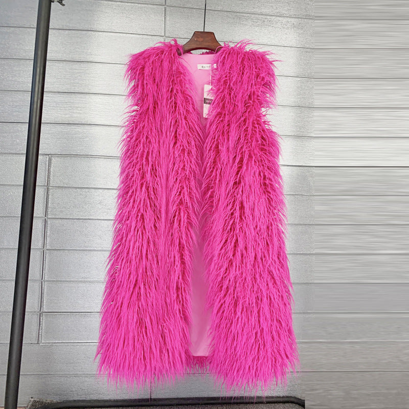 Long Beach Wool Fur Vest Warm Vest Women’s Vest Coat - Rose Red / M