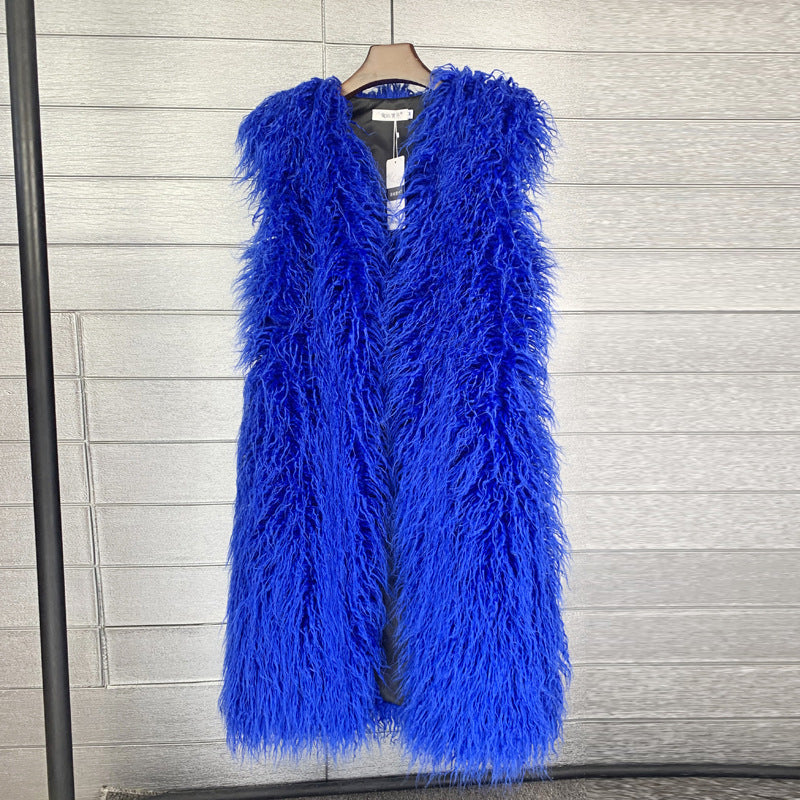 Long Beach Wool Fur Vest Warm Vest Women’s Vest Coat - Sapphire blue / M