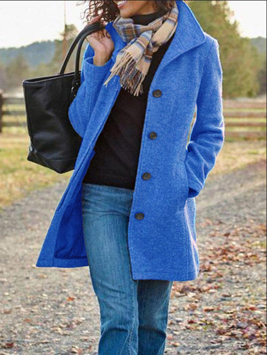 Ladies New Woolen Mid-length Multi-grain Buckle Cardigan Coat - Blue / S