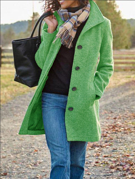 Ladies New Woolen Mid-length Multi-grain Buckle Cardigan Coat - Green / S