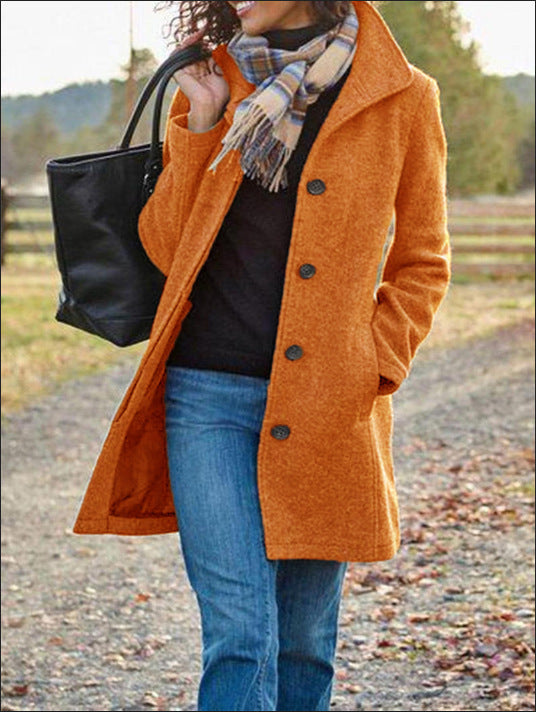 Ladies New Woolen Mid-length Multi-grain Buckle Cardigan Coat - Khaki / S