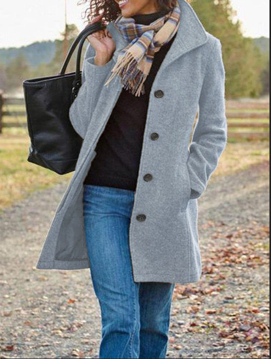 Ladies New Woolen Mid-length Multi-grain Buckle Cardigan Coat - Light Gray / S