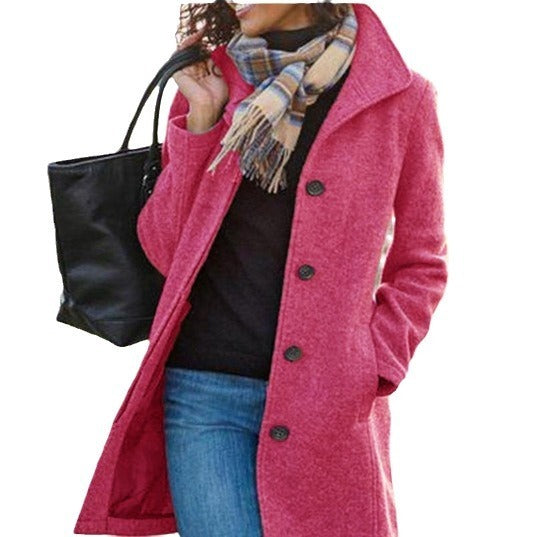 Ladies New Woolen Mid-length Multi-grain Buckle Cardigan Coat - Rose Red / S