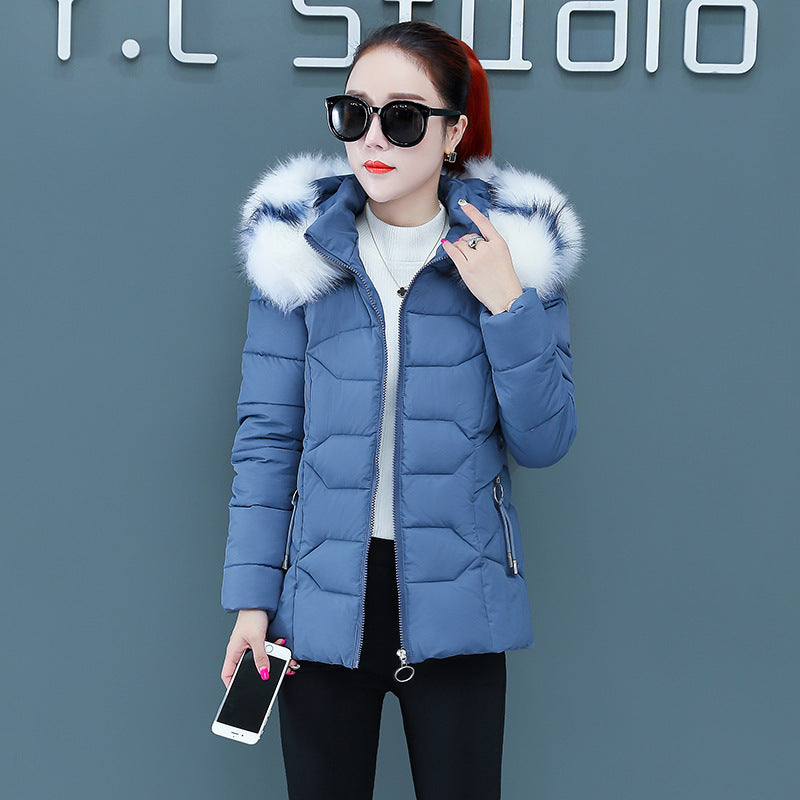 Women’s Short Detachable Large Fur Collar Cotton Coat - Blue / M