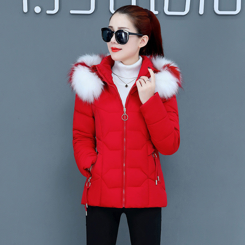 Women’s Short Detachable Large Fur Collar Cotton Coat - Bright Red / M