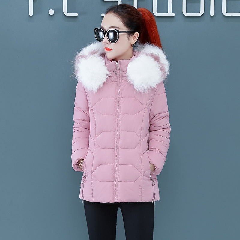 Women’s Short Detachable Large Fur Collar Cotton Coat - Pink / M