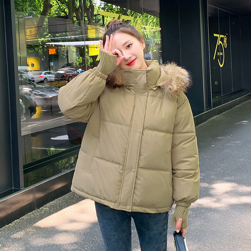 Loose Hooded Gloves Thickened Thermal Quilted Jacket Coat For Women - Khaki / M