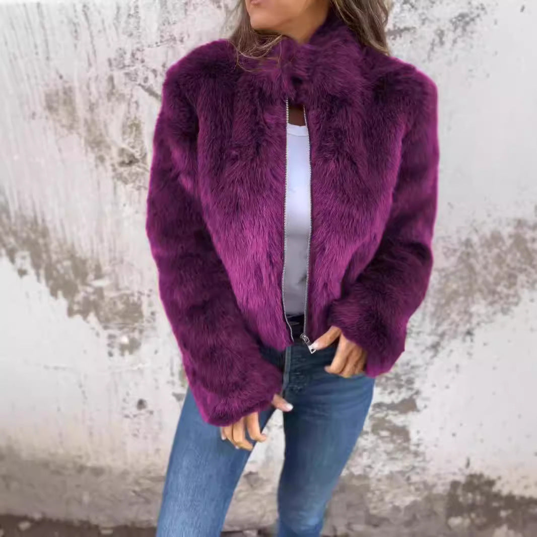 Fashion Stand Collar Plush Jacket Winter Casual Turtleneck Zipper Coat Fleece Tops Women’s Clothing