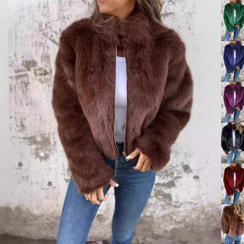 Fashion Stand Collar Plush Jacket Winter Casual Turtleneck Zipper Coat Fleece Tops Women’s Clothing