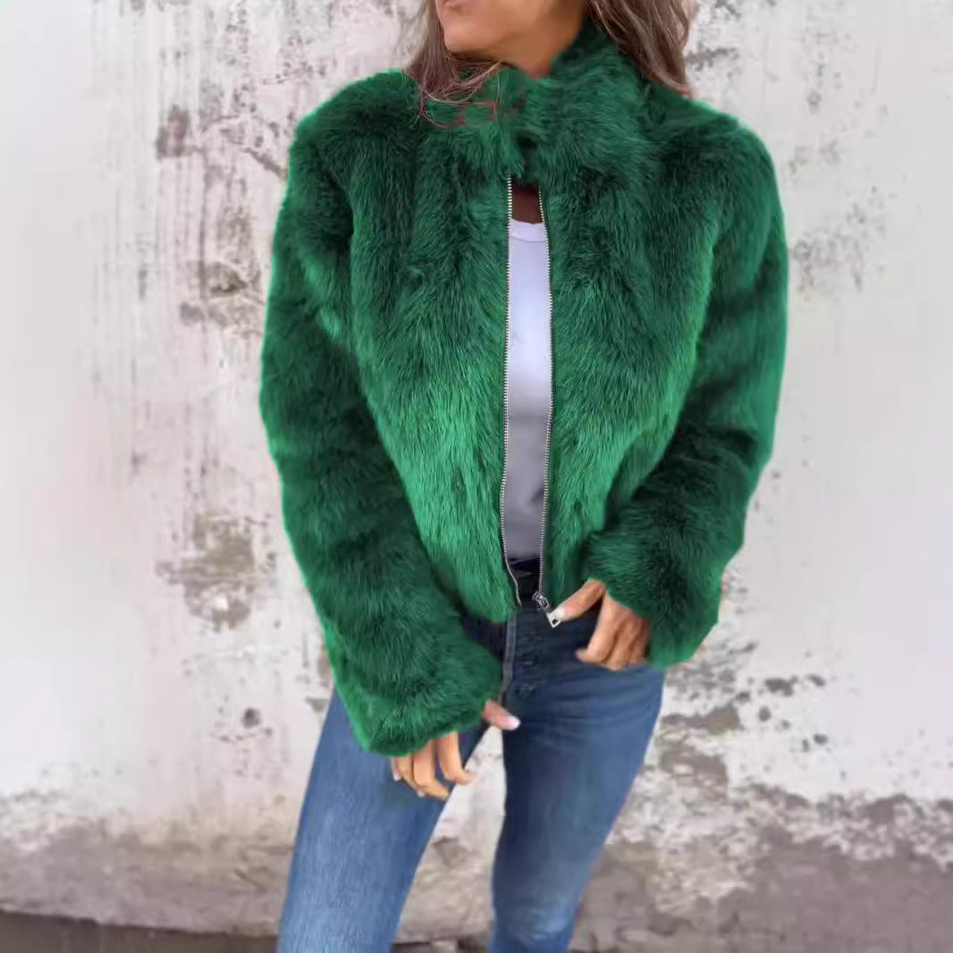 Fashion Stand Collar Plush Jacket Winter Casual Turtleneck Zipper Coat Fleece Tops Women’s Clothing