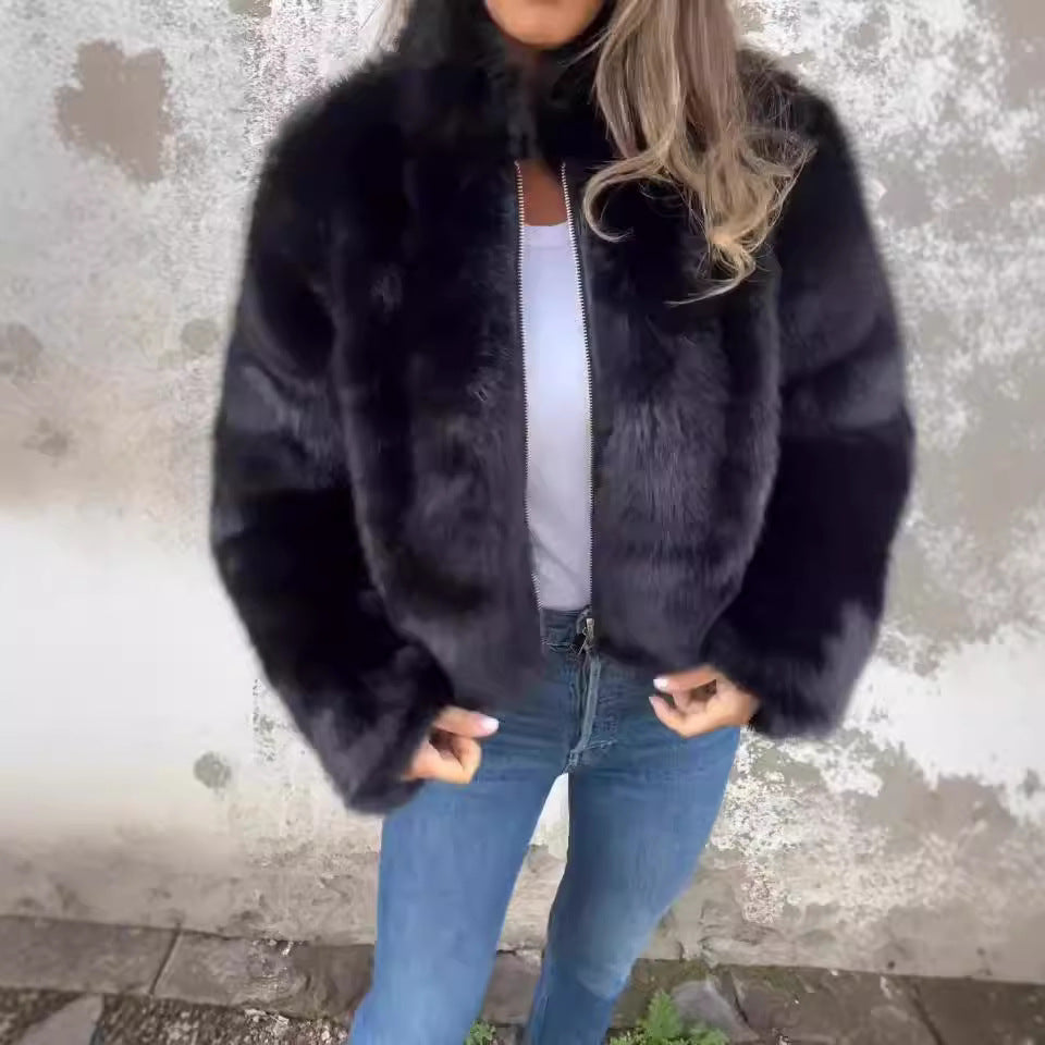 Fashion Stand Collar Plush Jacket Winter Casual Turtleneck Zipper Coat Fleece Tops Women’s Clothing - Black / S