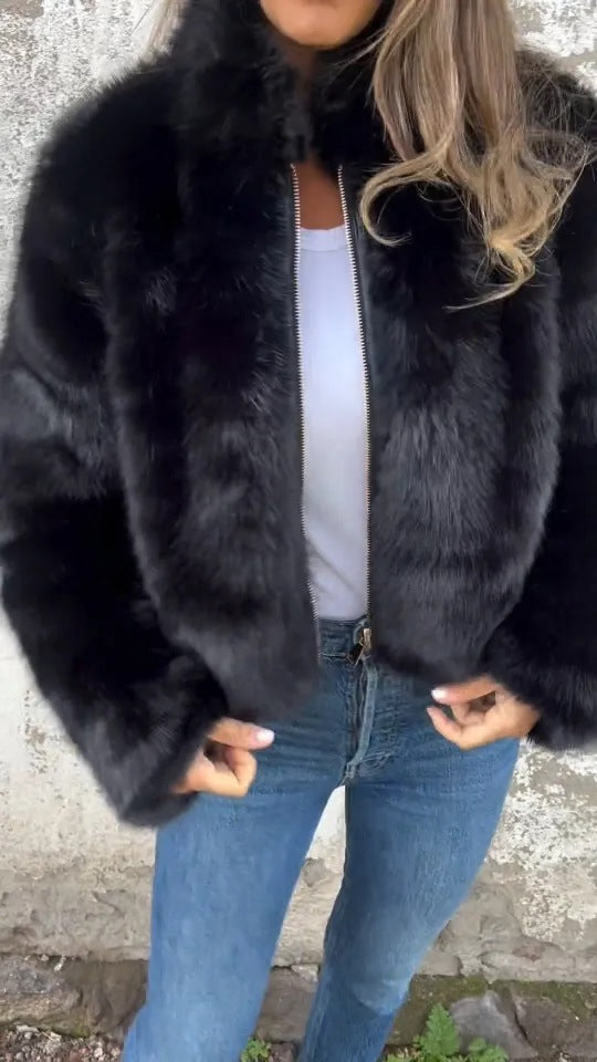 Fashion Stand Collar Plush Jacket Winter Casual Turtleneck Zipper Coat Fleece Tops Women’s Clothing - Black / XL