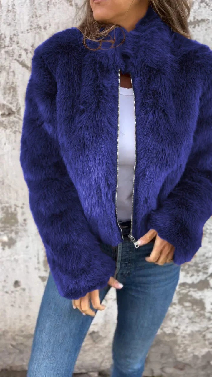 Fashion Stand Collar Plush Jacket Winter Casual Turtleneck Zipper Coat Fleece Tops Women’s Clothing - Blue / S