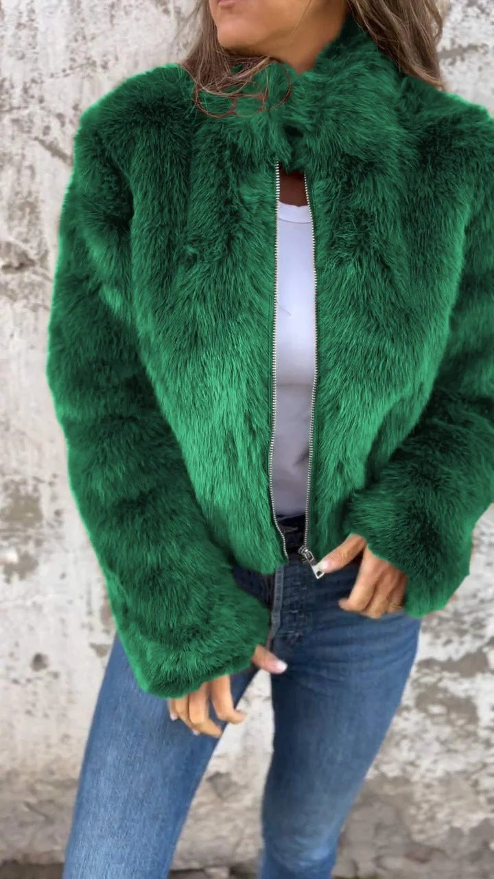 Fashion Stand Collar Plush Jacket Winter Casual Turtleneck Zipper Coat Fleece Tops Women’s Clothing - Green / S