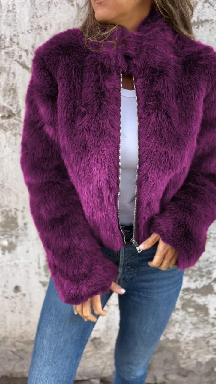 Fashion Stand Collar Plush Jacket Winter Casual Turtleneck Zipper Coat Fleece Tops Women’s Clothing - Purple / S