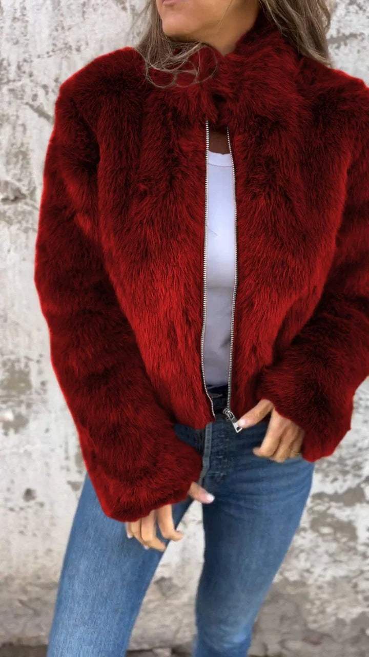 Fashion Stand Collar Plush Jacket Winter Casual Turtleneck Zipper Coat Fleece Tops Women’s Clothing - Red / S