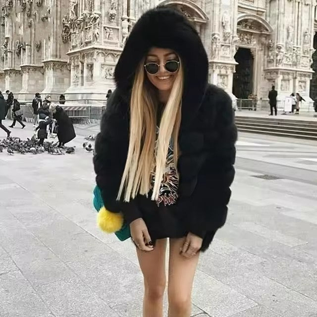 Women’s Minimalist Hooded Patchwork Fur Grass Jacket - Black / S