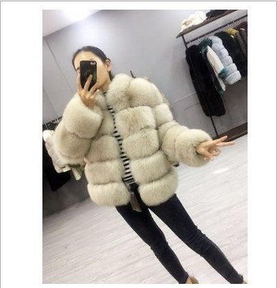 Fox Fur Slimming Stand Collar Splicing Coat - Apricot / L