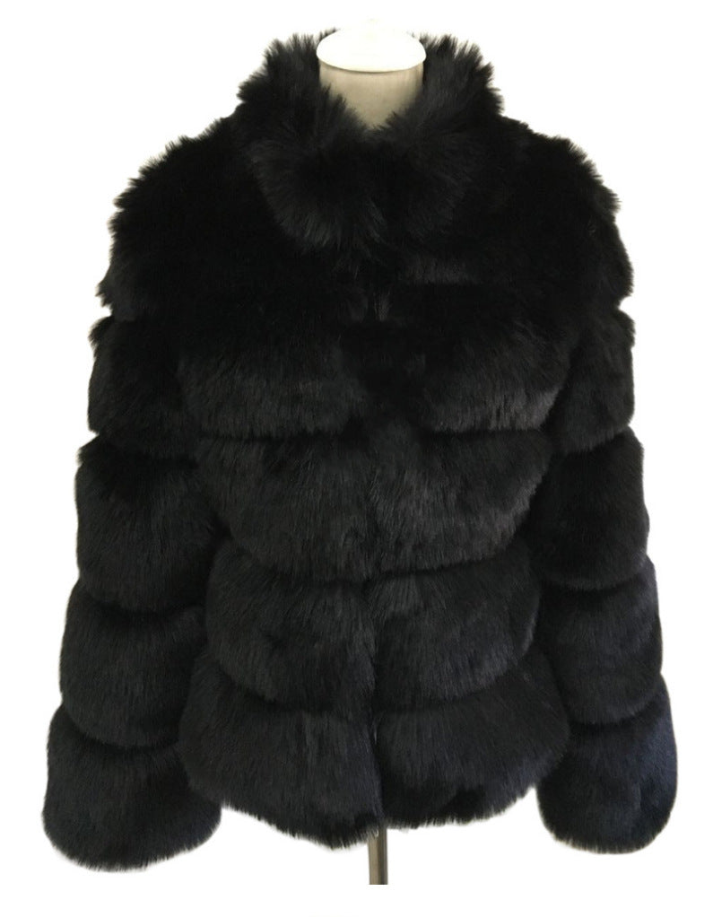 Fox Fur Slimming Stand Collar Splicing Coat - Black / L
