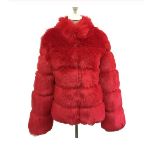 Fox Fur Slimming Stand Collar Splicing Coat - Bright Red / L