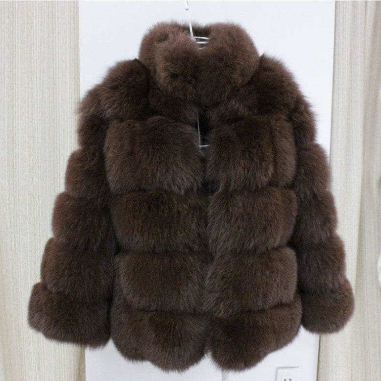 Fox Fur Slimming Stand Collar Splicing Coat - Coffee / L