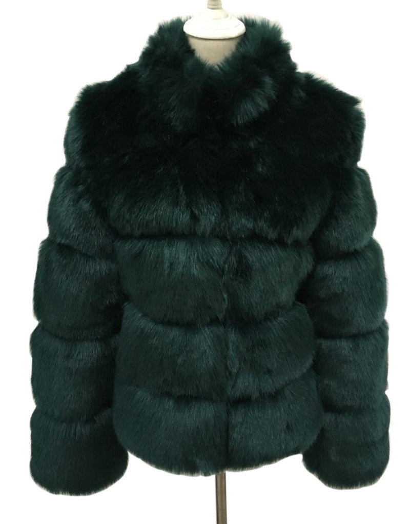 Fox Fur Slimming Stand Collar Splicing Coat - Dark Green / L