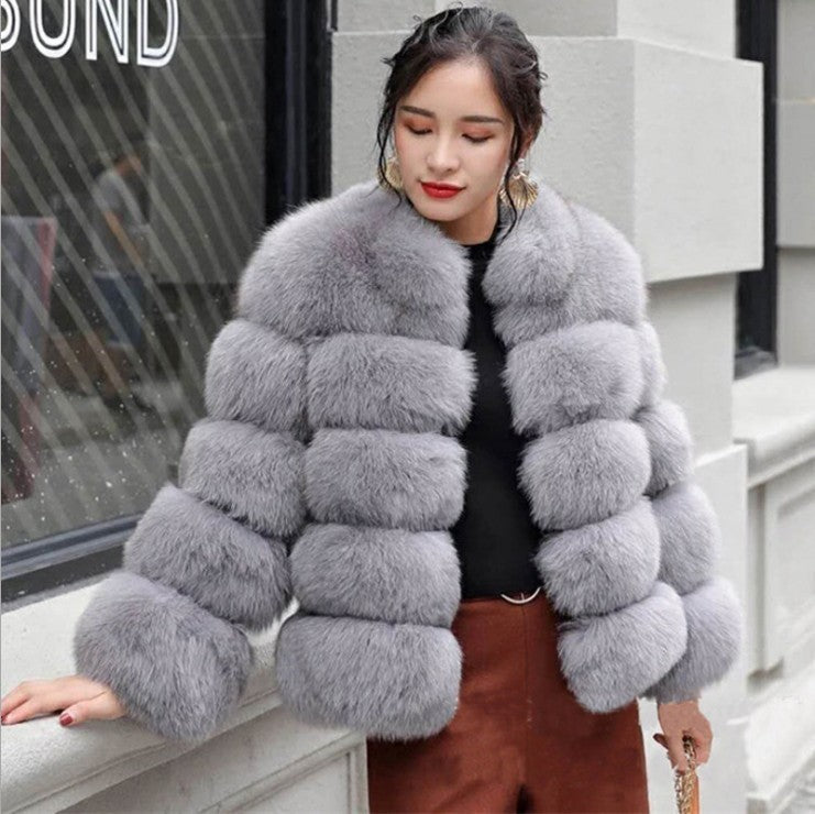 Fox Fur Slimming Stand Collar Splicing Coat - Gray / L