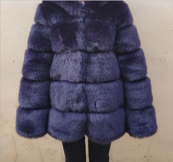 Fox Fur Slimming Stand Collar Splicing Coat - Navy Blue / L