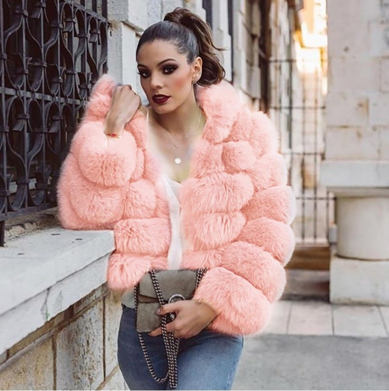 Fox Fur Slimming Stand Collar Splicing Coat - Pink / L