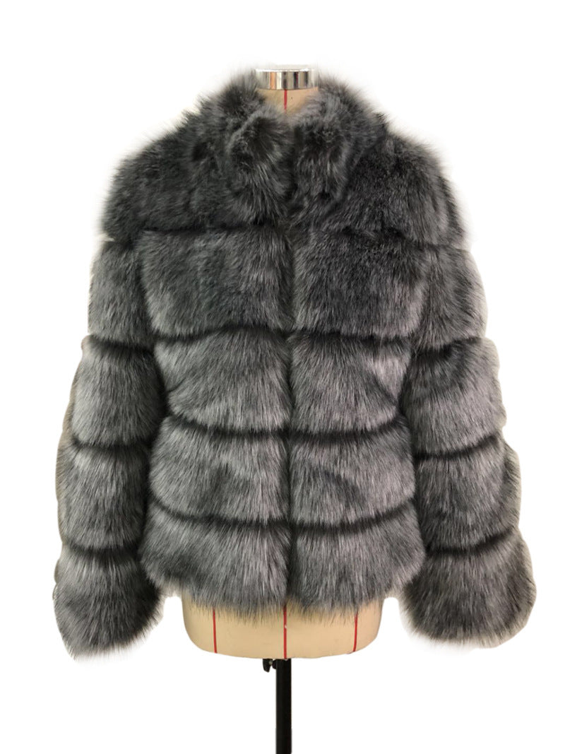 Fox Fur Slimming Stand Collar Splicing Coat - Silver Fox / L