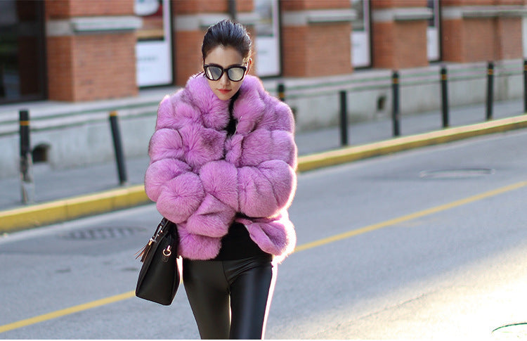 Fox Fur Slimming Stand Collar Splicing Coat - Taro Purple / L
