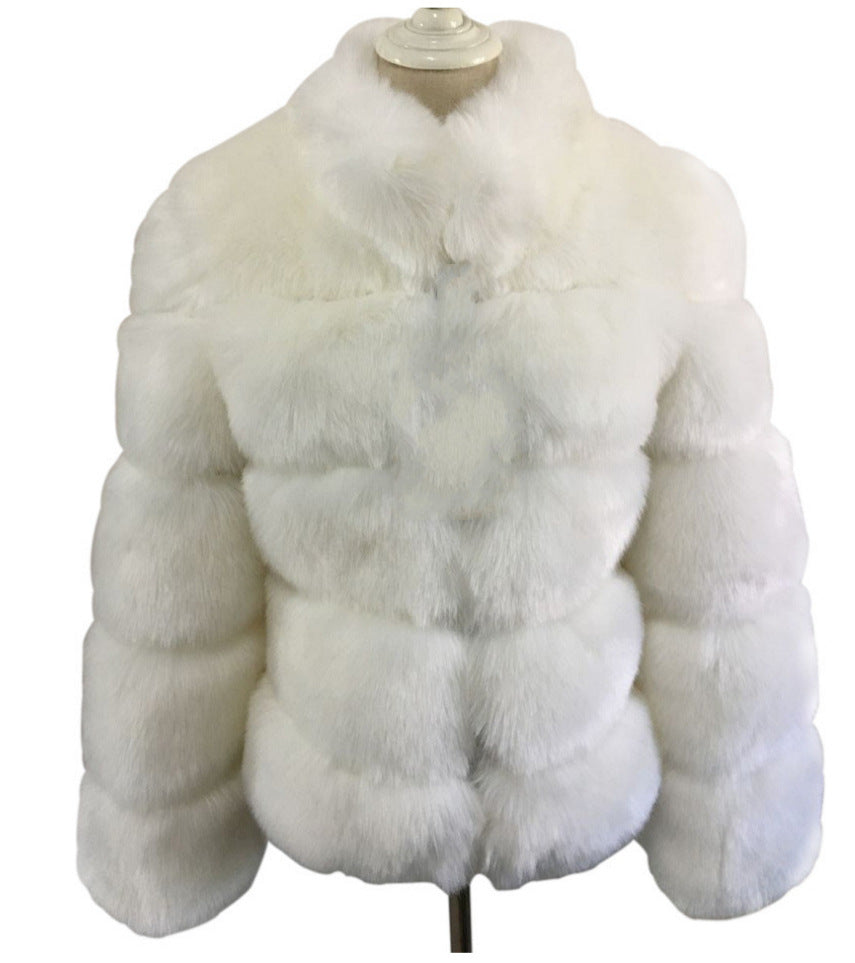 Fox Fur Slimming Stand Collar Splicing Coat - White / L