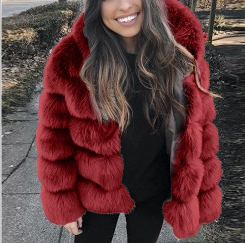 Fox Fur Slimming Stand Collar Splicing Coat - Wine Red / L