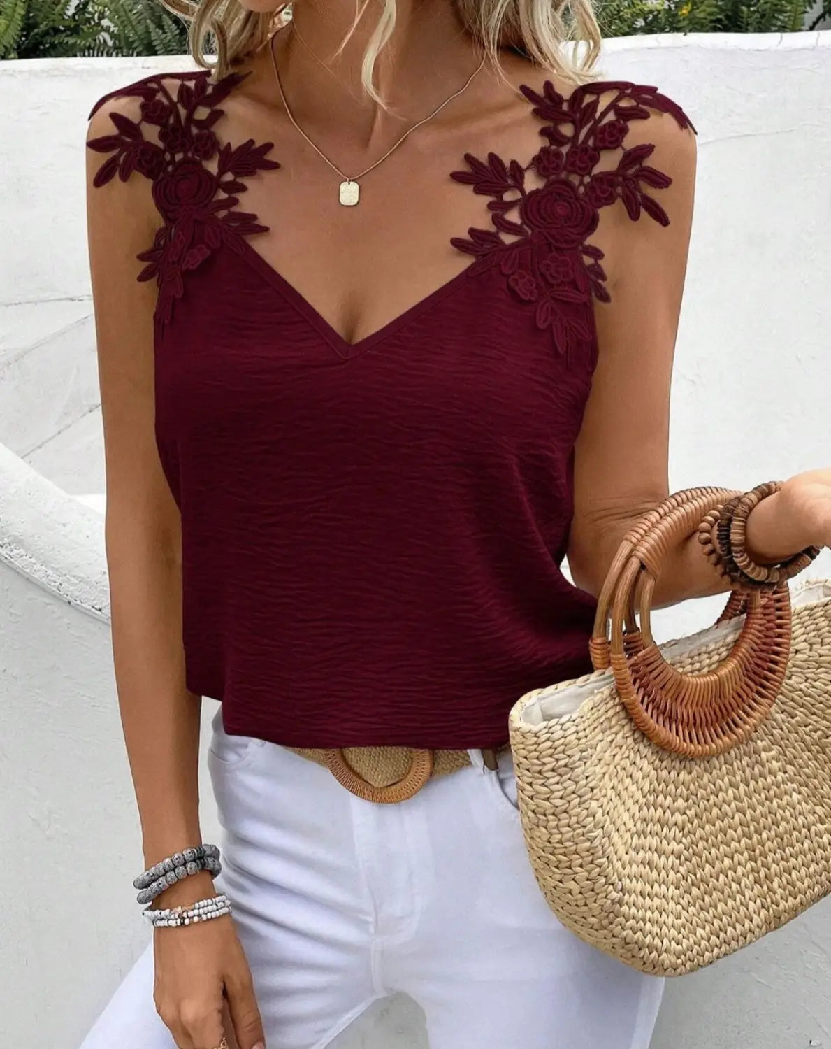 New 2 Solid Color V-neck Patchwork Sling Top