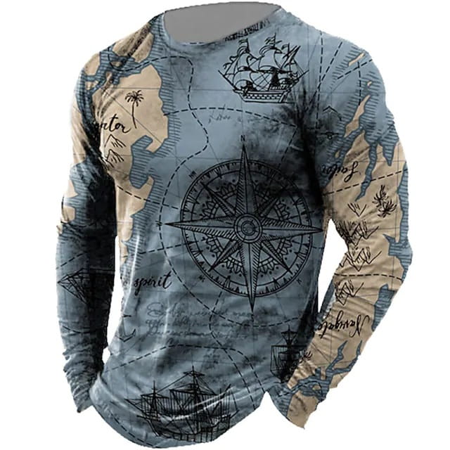 Men’s Nautical Compass Pattern Crewneck Long Sleeve T-shirt Loose Sailing Enthusiast Long T
