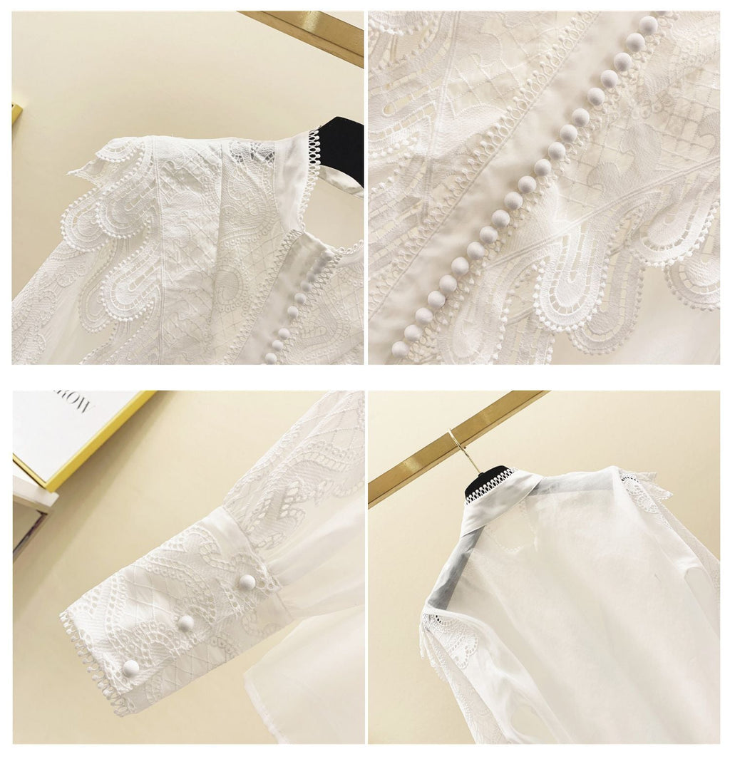 Women’s Embroidered Ruffle Stand Collar Lace Stitching White Shirt