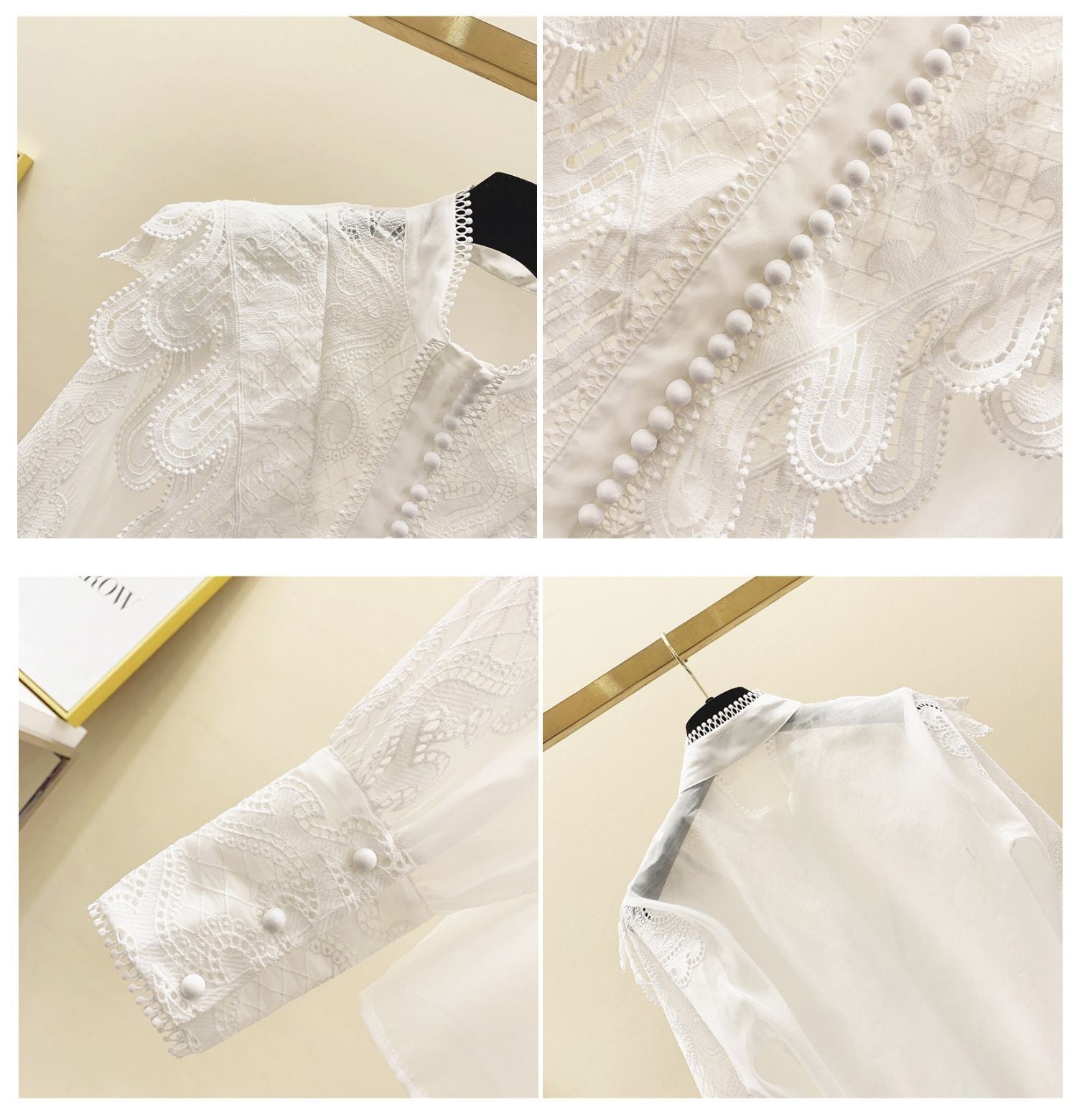 Women’s Embroidered Ruffle Stand Collar Lace Stitching White Shirt